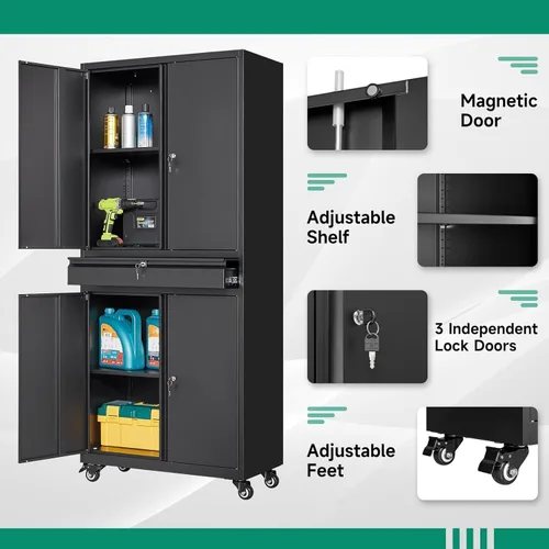Miniatura 4 de Letaya Armario de almacenamiento de metal para garaje con ruedas, gabinete de herramientas con 4 puertas, estantes ajustables con cerradura y 1 Negro