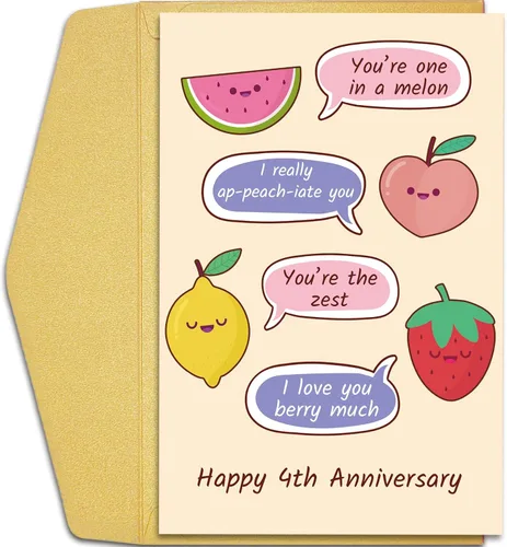 Qiliji Tarjeta de 4º aniversario para marido y esposa, divertida tarjeta de aniversario de 4º aniversario de boda, tarjeta de juego de palabras de