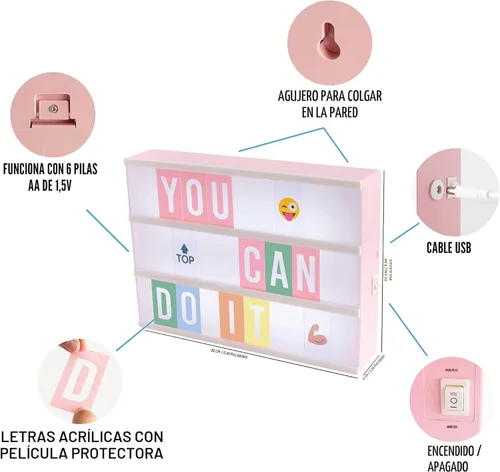 Miniatura 3 de BONNYCO Caja de luz rosa estilo cinematográfico con 400 letras, emojis, 2 marcadores. Caja de luz LED para decoración de hogar y oficina, cartel
