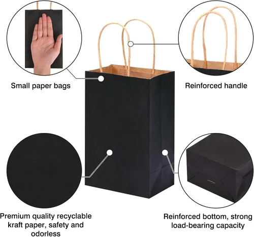 Miniatura 3 de OUTUXED 60 bolsas de regalo de papel negro de 5.25 x 3.2 x 8 pulgadas con asas, pequeñas bolsas de regalo a granel para compras, cumpleaños, bodas