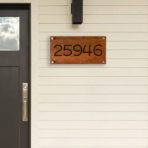Miniatura 5 de Placa de números de casa de hierro oxidado con dirección, placa de dirección, números de casa para exteriores modernos