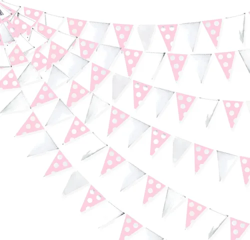 Miniatura 13 de Decoraciones de fiesta blancas de 40 pies, banderín triangular con banderines, banderas de papel blanco nacarado brillante para graduación, boda