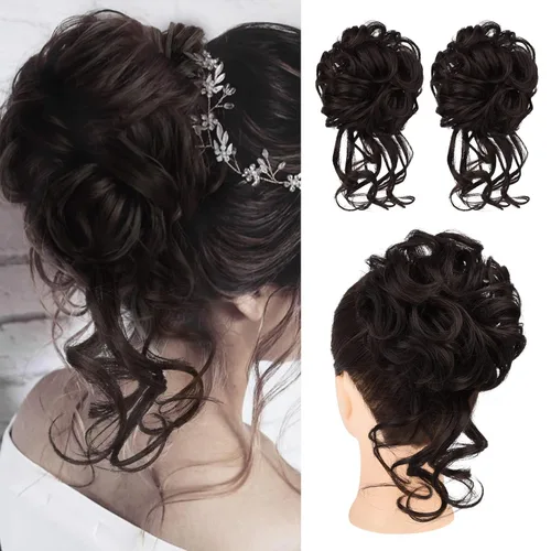 Miniatura 38 de HOOJIH 2 piezas de moño despeinado, recogido despeinado con mechones, extensiones de moño de cabello ondulado rizado, envoltorio de cabello, cola