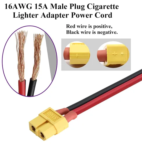 Miniatura 8 de Paquete de 2 cables 16AWG XT60 a encendedor de cigarrillos, enchufe macho de 12 V a XT60 hembra, cable de extensión compatible con cable de carga