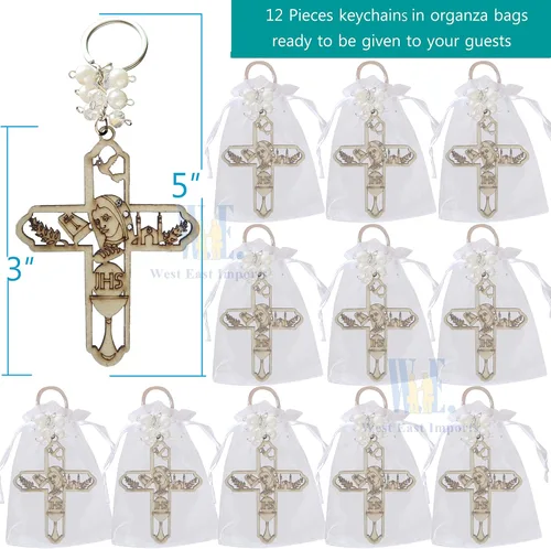 Miniatura 2 de 12 piezas de llavero de madera para la primera comunión para niños y niñas, Virgen María Recuerdos para Primera Comunión con bolsas de regalo, Marrón