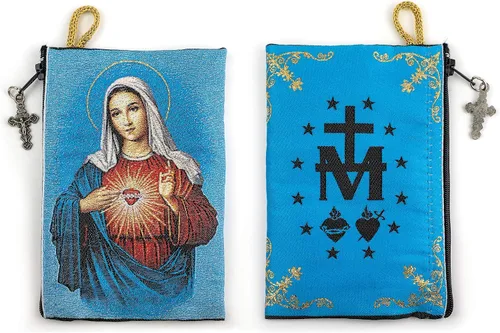 Bolsa de rosario católico, corazón inmaculado de la Virgen María y símbolo de medalla milagrosa, joyería de 4 x 6 pulgadas y monedero con cruz,