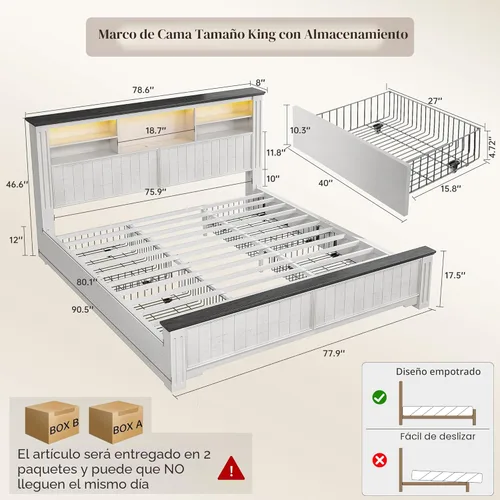 Miniatura 2 de EnHomee Marco de cama tamaño king con cabecero y almacenamiento, 4 cajones y estación de carga LED incorporada, marco de cama tamaño king con Blanco
