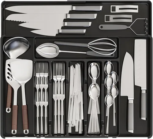 Organizadores expandibles de cubiertos para cajones de cocina, gran organizador de cubiertos sin BPA para cajones, organizador de utensilios de