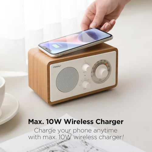 Miniatura 2 de mooas Radio de carga inalámbrica con esfera clásica, altavoz Bluetooth retro (negro), cargador inalámbrico máximo de 10 W, radio FM, modo SD/Aux