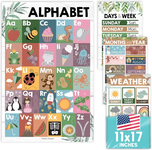 Miniatura 10 de Hadley Designs Calendario de 4 alfabetos, meses del año, clima, días de la semana para niños, tabla ABC para pared para niños pequeños, gráficos