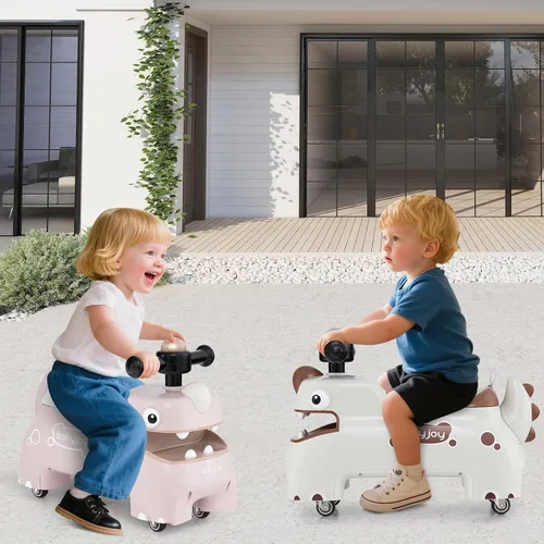 Miniatura 9 de BABY JOY Juguetes para niños pequeños, auto deslizante de pie a piso con almacenamiento debajo del asiento, luces, música y bocina, 4 ruedas Blanco