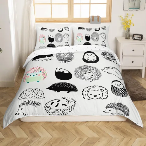 Miniatura 3 de Erosebridal Juego de funda de edredón Kawaii de tamaño individual, diseño de erizo de dibujos animados en blanco y negro, regalo de erizo para niñas