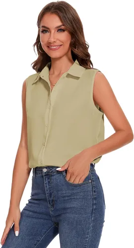 Miniatura 4 de YAMANMAN Camisa sin mangas con botones para mujer, blusa clásica con cuello redondo, camiseta básica de gasa para el trabajo y la oficina