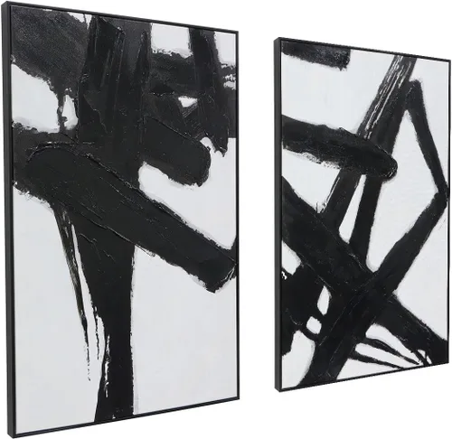Miniatura 14 de Zessonic - Arte de pared abstracto en negro y oro - Decoración 2 piezas 16 x 24 pulgadas, lienzo en blanco y negro con lámina dorada para sala