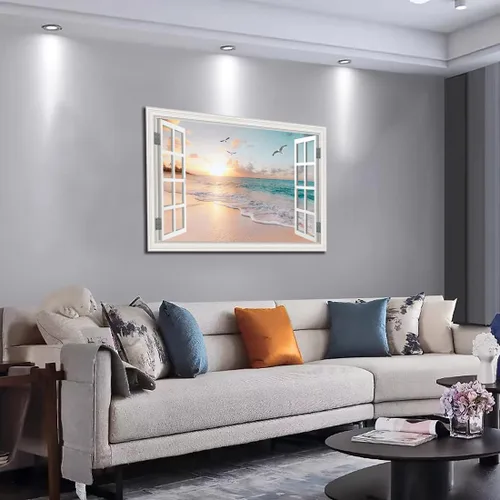 Miniatura 5 de Cuadro de pared de playa tropical para sala de estar, lienzo estilo marco de ventana, decoración de pared, palmera, impresión artística costera
