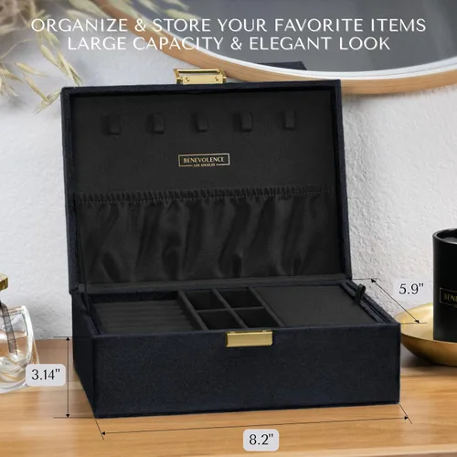 Miniatura 4 de Benevolence LA Joyero de 2 capas para mujer, organizador de joyas grande de terciopelo con cerradura decorativa, bandeja de joyería extraíble