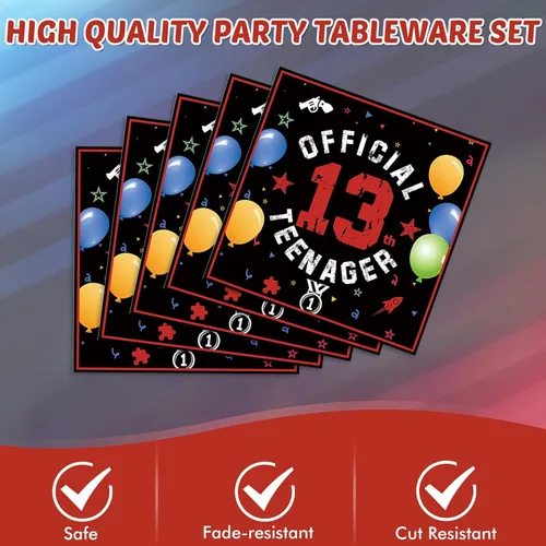 Miniatura 4 de Juego de 41 decoraciones para fiesta de cumpleaños número 13, color negro y rojo, incluye platos y servilletas, mantel para niños y niñas, dulce