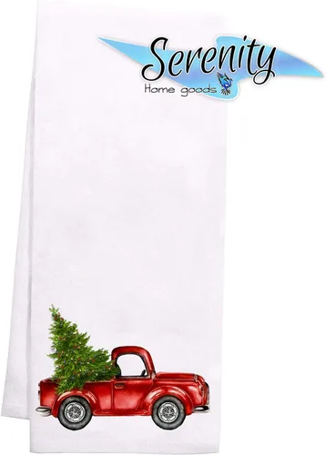Miniatura 6 de Plato decorativo de cocina y toallas de mano de baño Lindo camión rojo rústico colorido con árbol de Navidad verde Toalla de té blanca