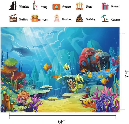 Miniatura 4 de CHAIYA Telón de fondo bajo el mar con temática de sirenita y océano para decoración de mesa de pastel de 5 x 3 pies