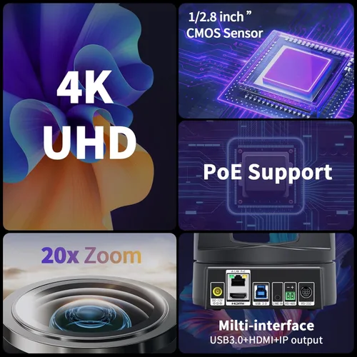 Miniatura 4 de Cámara PTZ 4K 20X, HDMI USB cámara de videoconferencia Webcam transmisión en vivo para adoración de iglesia/eventos servicios/educación, funciona