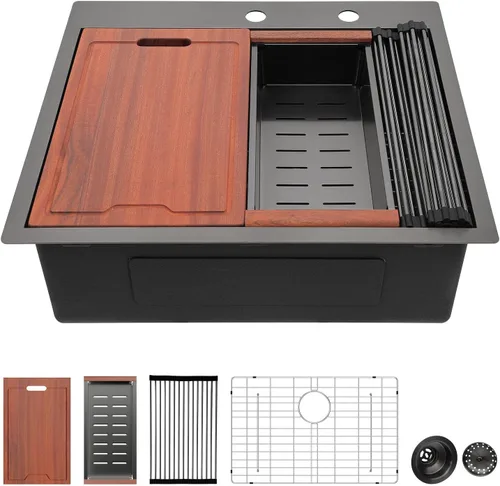 Miniatura 34 de Lordear Fregadero de barra de 15 pulgadas, color negro, fregaderos de cocina de acero inoxidable, calibre 16, tazón individual, montaje superior