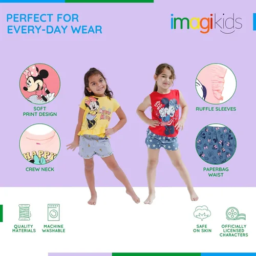 Miniatura 4 de Disney Minnie Mouse - Conjunto de camiseta floral arcoíris y pantalones cortos de cambray, tallas de bebé a niño grande (12 meses - 14-16)