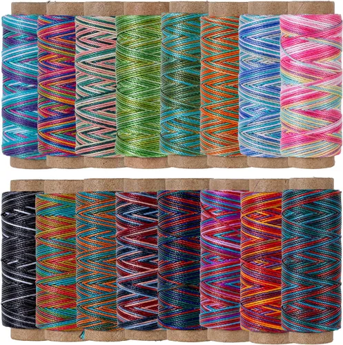 16 Colores Hilo Redondo Céreo Variegado - 0.5mm, Bobinas Pequeñas de 40 Yardas, Hilo de Poliéster Céreo de 3 Capas para Artesanías a Mano, Micro