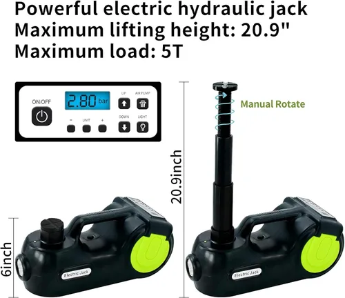 Miniatura 3 de E-HEELP Kit de Gato Eléctrico Hidráulico para Automóvil de 5 Toneladas 12V (Rango de Elevación: 6.1-20.86 pulgadas) con Llave de Impacto e Inflador