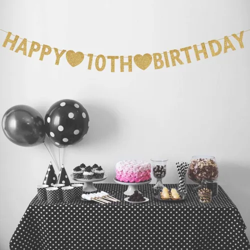 Miniatura 3 de Cartel dorado de feliz cumpleaños número 10, decoración de fiesta de niño o niña de 10 años con purpurina