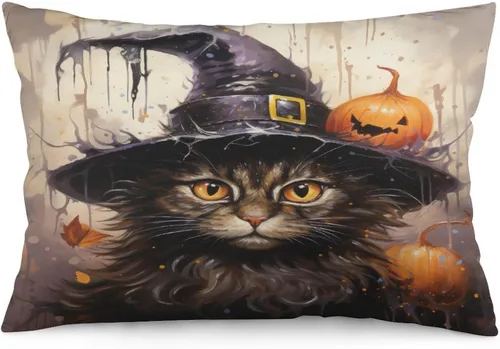 Miniatura 18 de Funda de almohada con sombrero de bruja con diseño de gato de 20 x 30 pulgadas, diseño de impresión de doble cara con cremallera invisible, Patrón 8