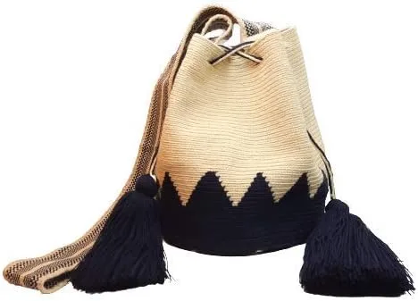 Wayuu - Mochila para mujer, bolso de ganchillo, bolsas bohemias colombianas, hecha a mano con borlas grandes y bonitas, Azul y beige-mediano, M
