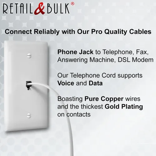 Miniatura 5 de Paquete de 2 cables telefónicos de 8 pulgadas, grado profesional, fabricado en Estados Unidos, enchufes RJ11 macho 6P4C con contactos dorados de 50