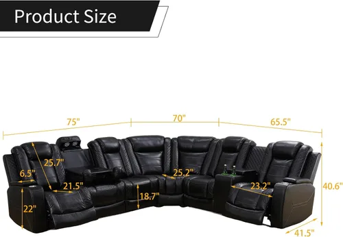 Miniatura 2 de Sofá modular reclinable eléctrico para sala de estar, moderno juego de sofá modular de cuero negro en forma de L, juego de sofá reclinable