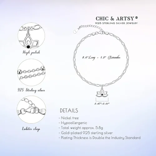 Miniatura 150 de CHIC & ARTSY Tobilleras delicadas de plata de ley S925 para verano, pulsera de tobillo ajustable multicapa para playa, joyería de pie para mujer
