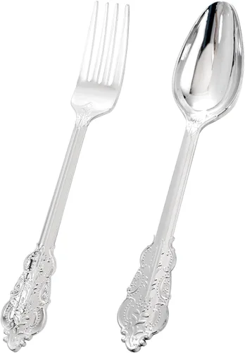 Miniatura 13 de BUCLA Juego de cubiertos de plástico dorado de 200 piezas, juego de cubiertos desechables resistentes, 100 tenedores de plástico dorados y 100