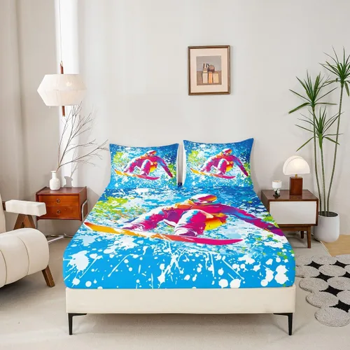 Miniatura 4 de Juego de ropa de cama de esquí, tamaño individual, con dibujos animados, esquí, esquí, snowboard, sábana bajera ajustable de 2 piezas con estampado