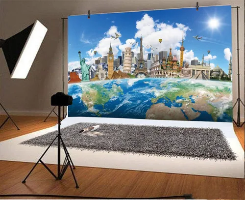 Miniatura 2 de Yeele Fondo de pantalla de 10 x 8 pies alrededor del mundo para fotografía, globo, viajes, famoso monumento mundial, vacaciones, foto, telón