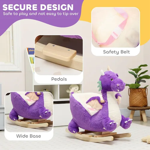 Miniatura 5 de Qaba Caballo mecedor para bebé, juguete de dragón para montar para niños con rugido de dragón realista y cinturón de seguridad, balancín de animales