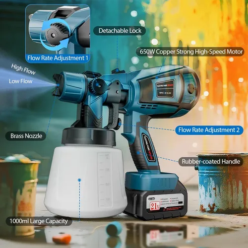 Miniatura 6 de Pulverizador de pintura, pulverizador de pintura inalámbrico de 650 W con batería, 6 boquillas de latón y 3 patrones de pulverización