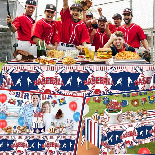Miniatura 7 de Miucat Mantel de béisbol de 3 piezas, mantel de mesa y decoración de fiesta, mantel de plástico desechable, rectangular para juegos de béisbol
