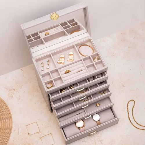 Miniatura 7 de Vlando Enormes cajas de joyería de 6 niveles, aretes de cuero, anillos, collar, organizador de relojes, caja para mujeres, niñas, hombres, armarios