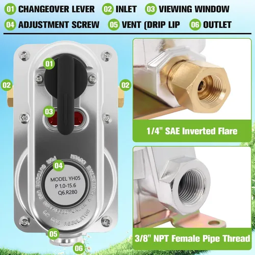Miniatura 3 de Kit de regulador de tanque de propano dual RV, regulador de propano LP de cambio automático de 2 etapas con dos mangueras de coleta de 12 pulgadas