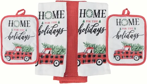 Juego de soportes para ollas de toallas de cocina navideñas: camión de cuadros rojos con árbol para las vacaciones (casa de vacaciones)
