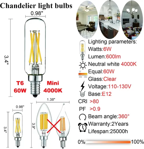 Miniatura 5 de LiteHistory - Bombilla LED E12 de 6 W equivalente a bombillas de candelabro de 60 W, blanca neutra de 4000 K, CA 120 V, 600 lúmenes, regulable, T6