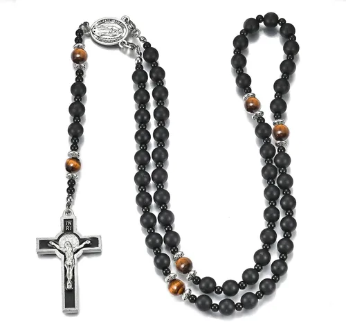 Miniatura 2 de Rosario de cuentas católicas hechas a mano de 0.315 pulgadas para hombre, collar de rosario negro grande con medalla milagrosa, rosarios, regalos