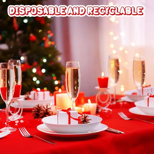 Miniatura 5 de Juexica 24 Piezas Manteles de Plástico Navideños de 84 Pulgadas Redondos Desechables Mantel de Plástico Impermeable Decorativo Cubierta de Mesa Rojo