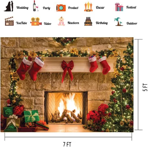 Miniatura 5 de CHAIYA Fondos de fotografía de Navidad de 7 x 5 pies con temática de chimenea de Navidad, suministros para fiestas de Navidad, fondo de fotos
