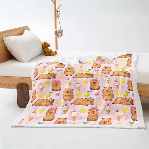 Miniatura 2 de AILONEN Pink Capybara Throw 47"x31" Fleece Sherpa Blanket, Lemon Ice Cream Cartoon Print Printed Throw Blanket, Sweet Room Theme