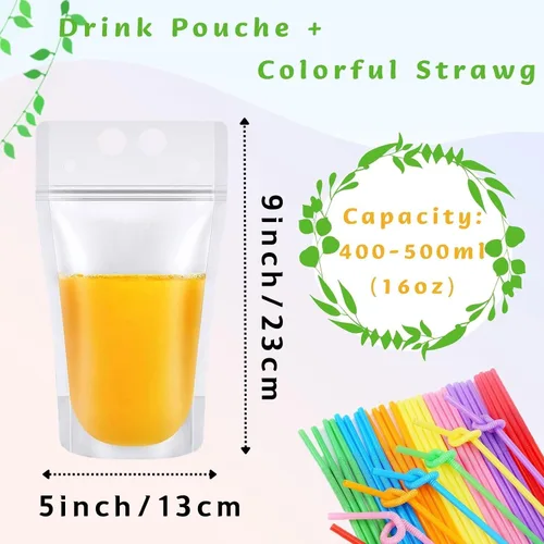 Miniatura 2 de 20 bolsas de bebidas con 20 popotes de plástico desechables, bolsas de jugo translúcidas con cierre de cremallera esmeriladas para adultos