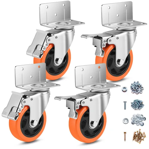 Miniatura 13 de Ruedas giratorias, juego de 4 ruedas en forma de L de 3 pulgadas de alta resistencia, 4 ruedas industriales con freno de poliuretano, ruedas